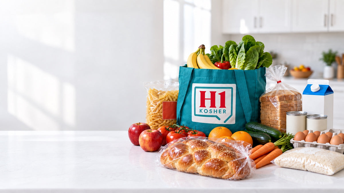 H1 Kosher teal grocery bag filled with kosher groceries