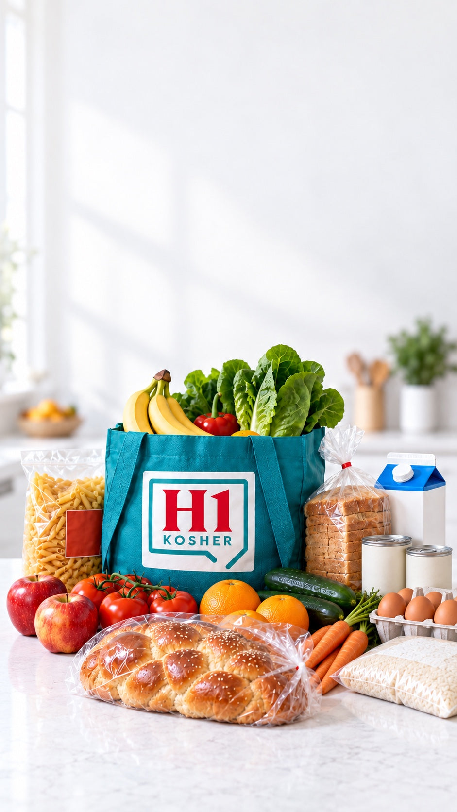 H1 Kosher teal grocery bag filled with kosher groceries